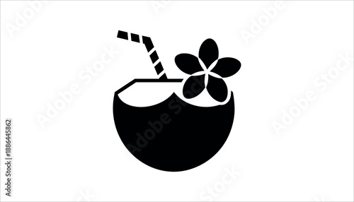 Black silhouette of a coconut cocktail with straw and flower drink solid in white background