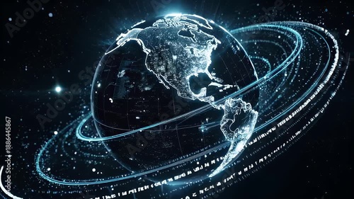 A digital Earth glows in space, ringed by orbiting data streams