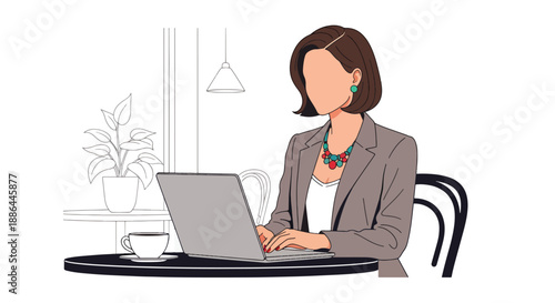 Vector illustration of a young female entrepreneur working on a laptop in a chic café, blending business lifestyle, confidence, and urban success in flat vector style