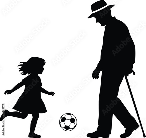 Black and White Silhouette of a Senior Grandfather with a Walking Cane Playing Soccer with his Young Granddaughter for Active Lifestyle Family Bonding and Generations Vector