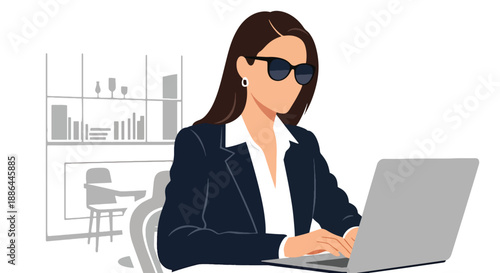 Vector illustration of a young female entrepreneur working on a laptop in a chic café, blending business lifestyle, confidence, and urban success in flat vector style
