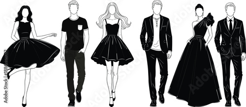 Fashion silhouette, dress and suit, stylish pose, black outline, formal attire, casual outfit, elegant figure, clothing design, fashion vector, modern apparel, silhouette art, 