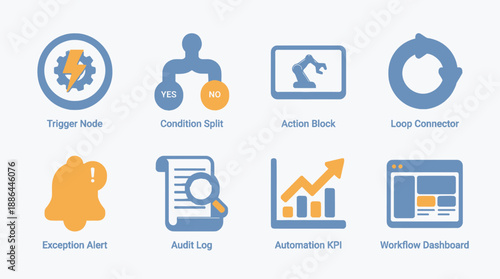 Workflow Automation and RPA Icons Set: Trigger Node, Condition Split, Action Block, Audit Log, Dashboard, Exception Alert, and KPI Elements.