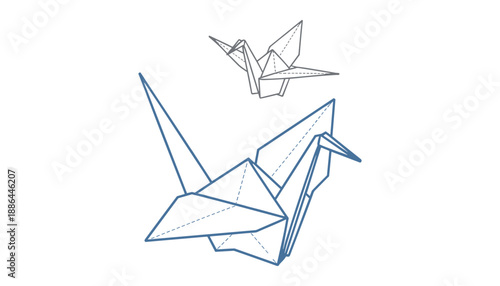 Blue and gray origami cranes on white background paper folding
