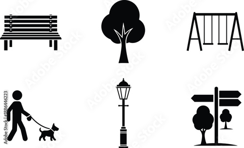 Black and White Silhouette Icon Set of Public Park Elements Featuring Bench Tree Swing Set Person Walking Dog Street Lamp and Directional Wayfinding Signage Vector