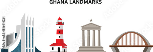 Slika na platnu Set of famous architectural Ghana landmarks including Independence Arch, Kwame Nkrumah Memorial Park, Jamestown Lighthouse, and Adomi Bridge isolated on white background