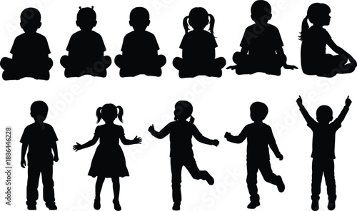 Black and White Silhouette Collection of Young Children Sitting Cross Legged Standing and Jumping for Early Childhood Education Primary School Play and Youth Lifestyle Vector