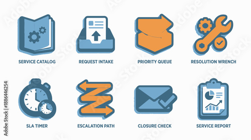 ITSM Icons Set: Service Catalog, Request, Priority Queue, SLA, Escalation Path, Resolution, and Service Report Symbols for Help Desk and Customer Support Processes