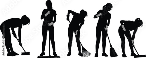 Black and White Silhouette Set of Female Housekeepers Using Mops Brooms and Rakes for Professional Cleaning Service Home Maintenance Sanitation and Janitorial Work Vector Illustration