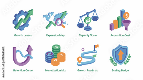 Isometric Business Growth Strategy Icon Set: Scaling, Retention, Roadmap, Monetization Mix, and Acquisition Metrics for Presentation Infographics.