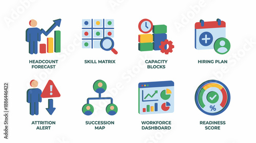 Workforce Planning 3D Icons Set. Human Resources Analytics, Headcount, Skill Matrix, Attrition, and Capacity Management Visuals.