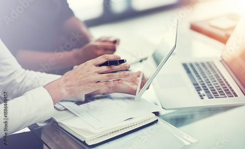 Cuadro en lienzo Tablet, hands and business people in office for problem solving, insurance analysis or brainstorming