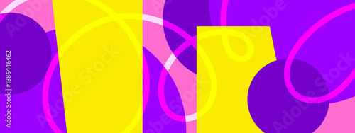 Playful yellow and purple abstract shapes with pink loopy lines and bold geometric blocks for creative youth posters