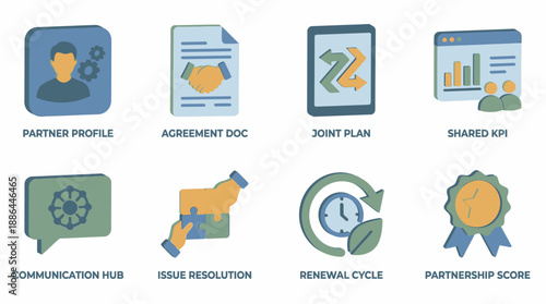 Partnership Management Process Icons Set: Strategic Alliance Workflow, CRM, KPI, Agreement, Issue Resolution, and Renewal Cycle 3D Vector Collection