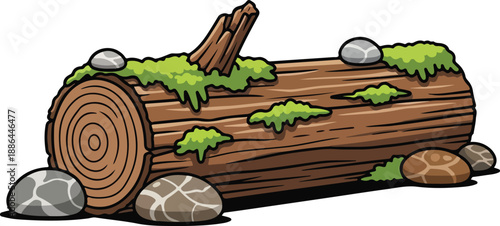 A detailed cartoon illustration of a fallen log covered with vibrant green moss and surrounded by smooth gray stones, showcasing natural wood texture