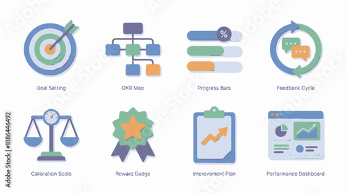 Business Management and Performance Icons Set: 3D Goal Setting, OKR, Feedback Cycle, KPI Dashboard, Progress Bars, and Achievement Symbols