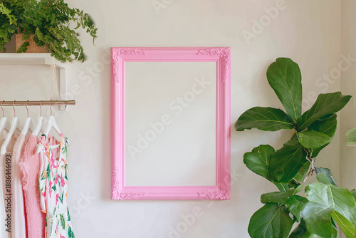 Blank vertical frame painted pink, hanging on white wall in minimalist interior, soft diffused light, clean commercial stock mockup with single focal point.