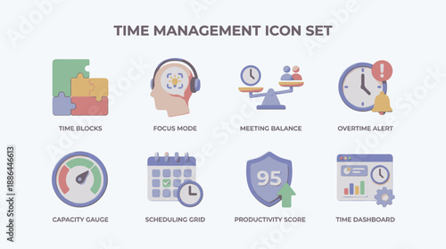 3D Time Management and Productivity Icon Set. Workflow Scheduling, Focus Mode, Capacity Gauge, and Optimization Symbols for Business UI/UX.