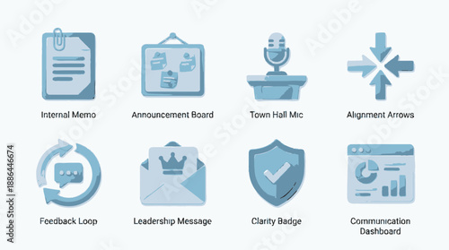 Corporate Communication 3D Icons Set: Internal Memo, Feedback Loop, Town Hall, Strategy Alignment, Dashboard, and Leadership Message Symbols.