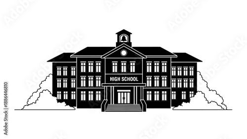 Classic High School Building Facade Silhouette.