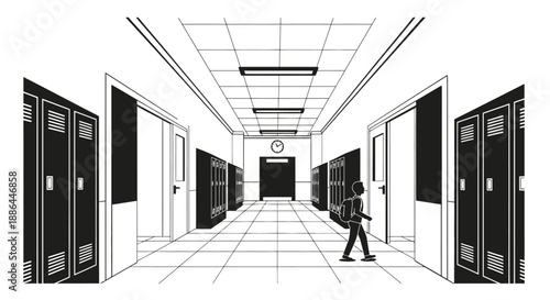 School hallway with lockers and a student walking.