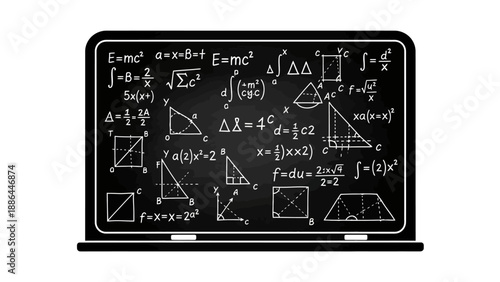 Blackboard with Mathematical Formulas and Geometric Shapes.