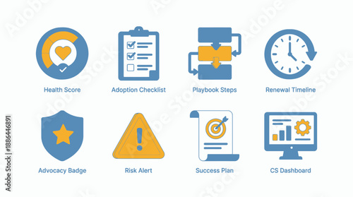 Customer Success Management (CSM) 3D Icon Set. Business Strategy, KPI Metrics, Health Score, Renewal Timeline, Risk Alert, and Playbook Steps.