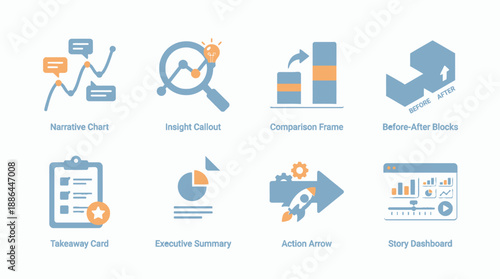 Business Data Visualization Icons Set. 3D Infographic Kit with Narrative Charts, Insight Callouts, Comparison Blocks, and Executive Summary Symbols.