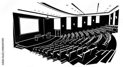 Modern Auditorium with Stage and Projection Screen.