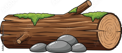 Cartoon illustration of a fallen tree log with patches of green moss and a pile of grey stones, a detailed vector nature element