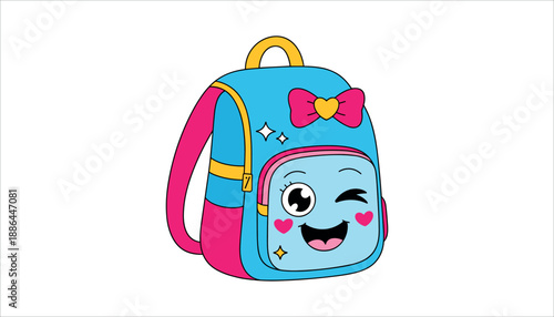 Cartoon blue backpack with pink accents and smiling face heart solid in white background