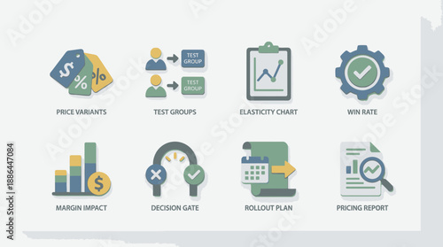 3D Pricing Strategy Icons Set: Business Analysis, Price Variants, A/B Testing, Elasticity Chart, Margin Impact, and Rollout Plan Visuals.