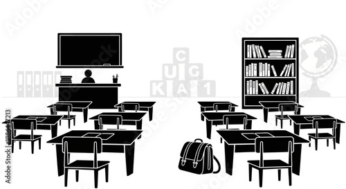 Empty Classroom with Desks and Teachers Desk.