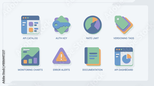 3D API Development and Management Icons. Auth Key, Rate Limit, Monitoring Charts, Error Alerts, Documentation, Catalog, and Dashboard Symbols Set.
