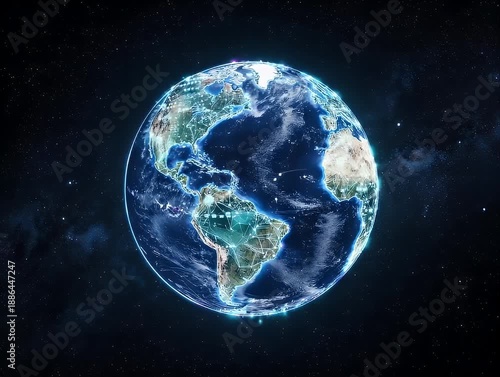Glowing Earth, network lines, and city lights against starry night