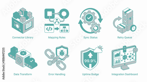 Data Integration and API Management Isometric Icons Set: Connector, Mapping Rules, Sync Status, Error Handling, ETL, Uptime Badge, and Dashboard.