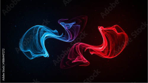 Vibrant smoke swirls in blue and red hues against a dark background from a close-up viewpoint