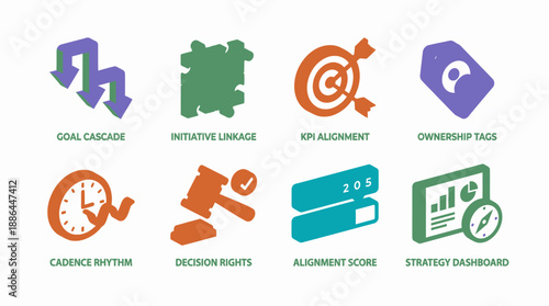 Business Strategy, Governance, and Performance Management Vector Icons Set: Goal Cascade, KPI, Dashboard, Decision Rights, Initiative Linkage 3D Isometric