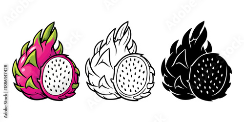 Dragon fruit pitaya cactus fruit icon set
