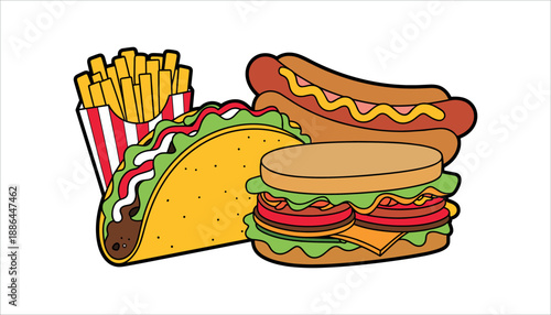 Cartoon fast food combo meal with taco french fries hot dog and hamburger solid in white background