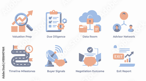3D M&A Transaction Icons Set: Business Exit Strategy, Valuation Prep, Due Diligence, Data Room, Timeline Milestones, Negotiation Outcome