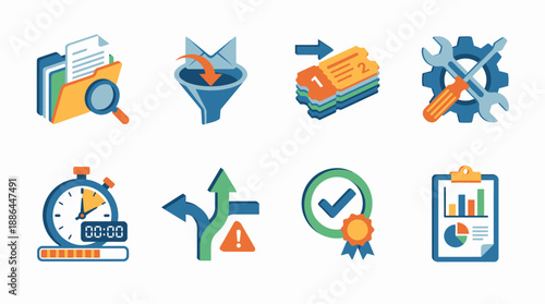 Business Process Management Flat Isometric Icon Set: Optimization, Funnel, Support, Setup, Time, Strategy, Quality Assurance, and Reporting Symbols.