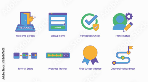 User Onboarding Flow Icons: Registration, Progress Tracker, Verification Check, Profile Setup, Tutorial, and Success Badge Vector Set