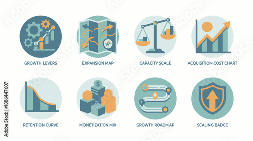 Business Growth, Scaling, and Strategy Vector Icons Set: Financial Metrics, Expansion Map, Retention Curve, and Monetization Mix Concept UI/UX Elements.