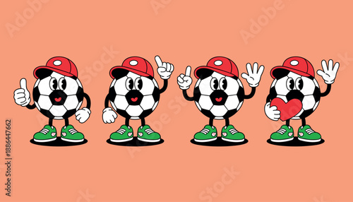 Cartoon soccer balls wearing red hats and green shoes anthropomorphic solid in white background