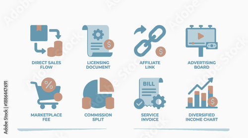3D Business Finance and E-commerce Icon Set: Direct Sales, Licensing, Affiliate Link, Commission Split, Marketplace Fee, Invoice, and Income Chart