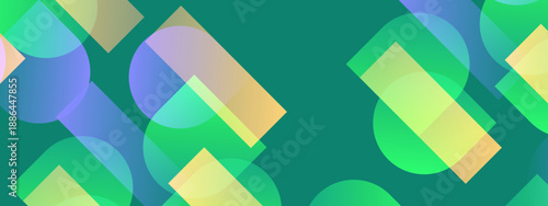 Modern teal background with overlapping translucent shapes in yellow blue and purple tones