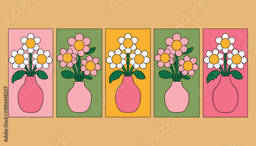 Colorful flower vases with daisies on different backgrounds flowers pink solid in white background