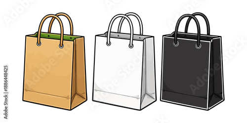 Hand drawn line art shopping bag set featuring brown, white, and black paper bags for retail and consumer promotion