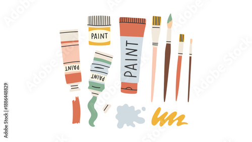 A colorful illustration of paint tubes and brushes on a white background